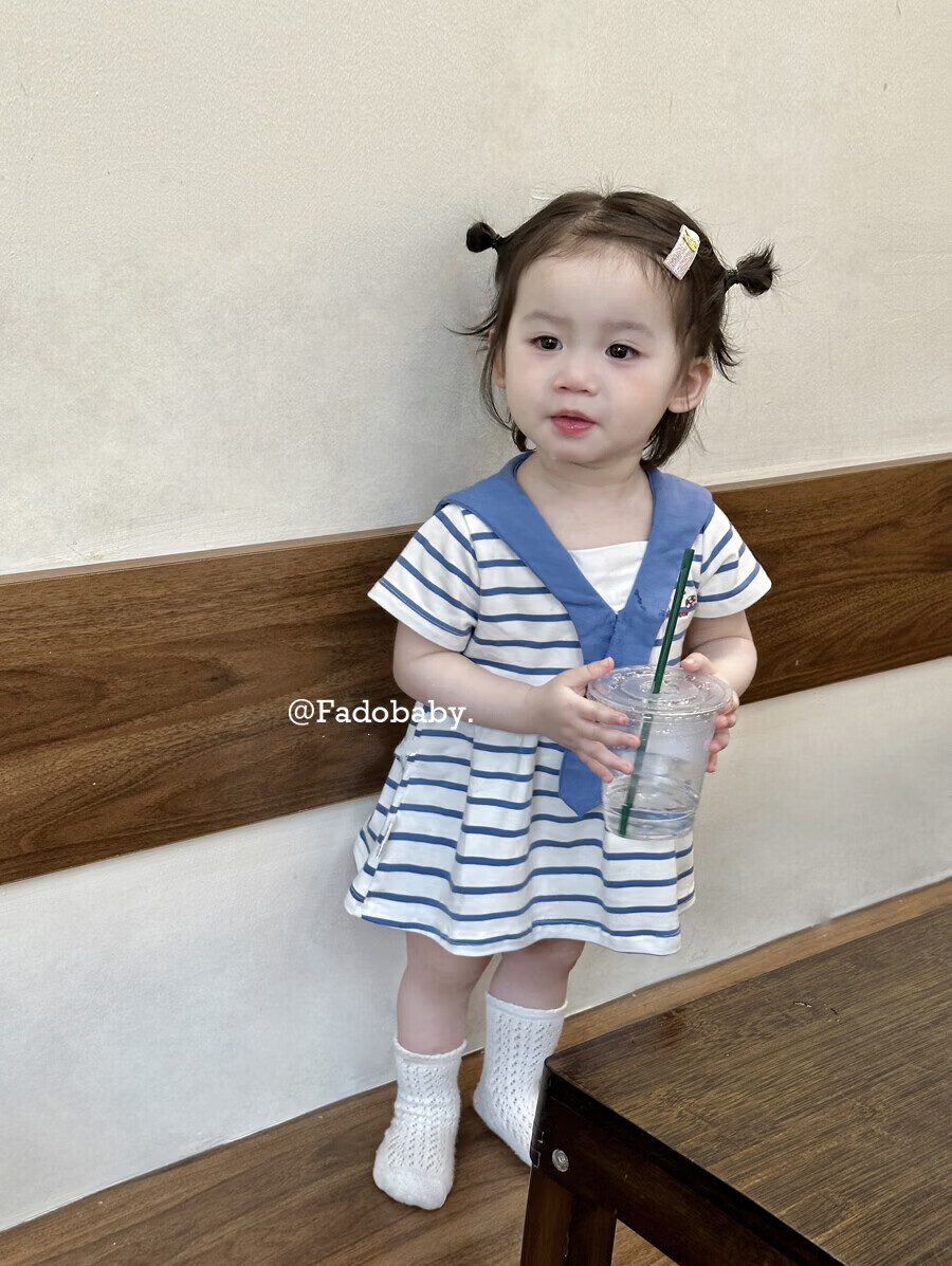 FADOBABY Girls' Navy Collar Striped Short Sleeve Summer Dress Newborn Toddler Cotton Princess Dress Summer 14